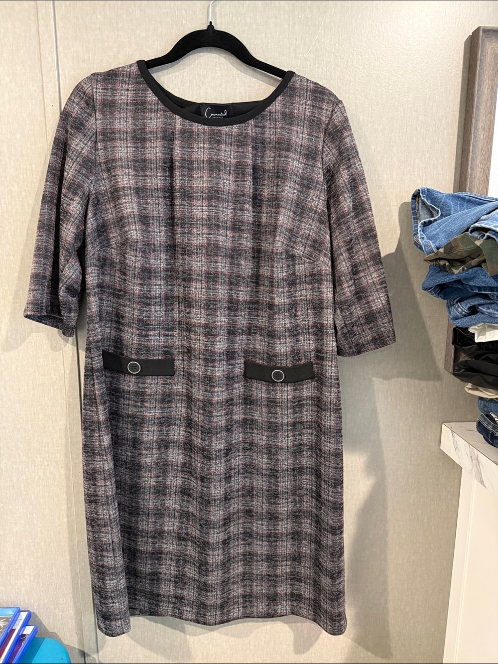 connected apparel Grey and Pink Plaid Midi Shift Dress